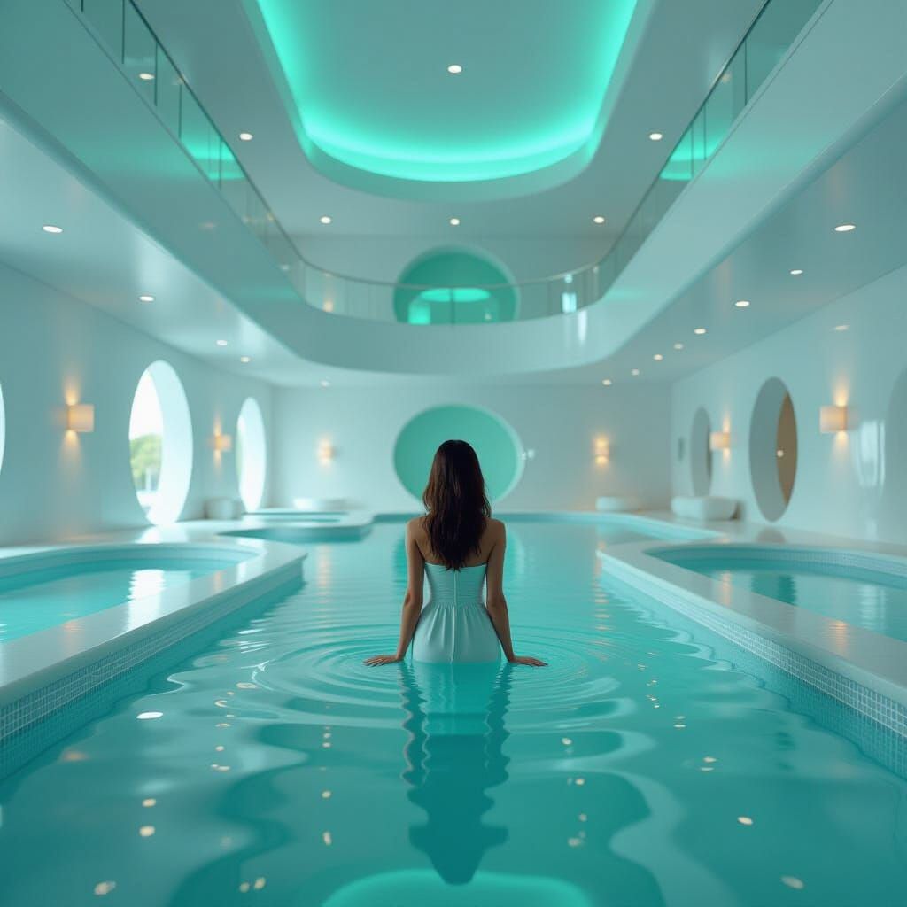 Liminal Poolroom Explorer in Hyperrealistic 3D Render