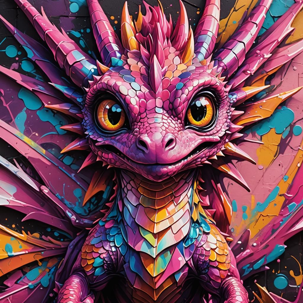 Pink Dragon Portrait in Vibrant Street Art Style
