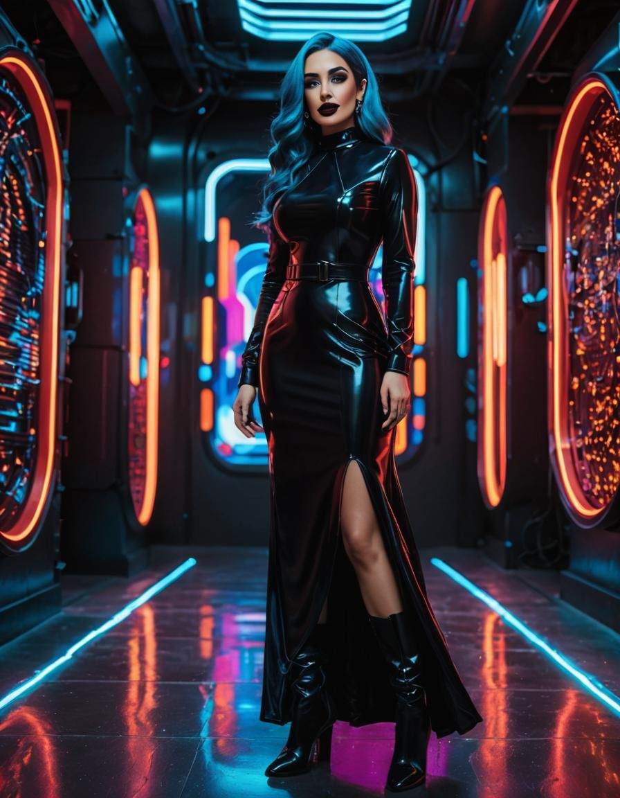 Neon Portrait: Curvy Woman in Futuristic Room
