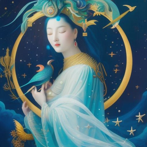 Moon Goddess Surrounded by Stars in Descent Style