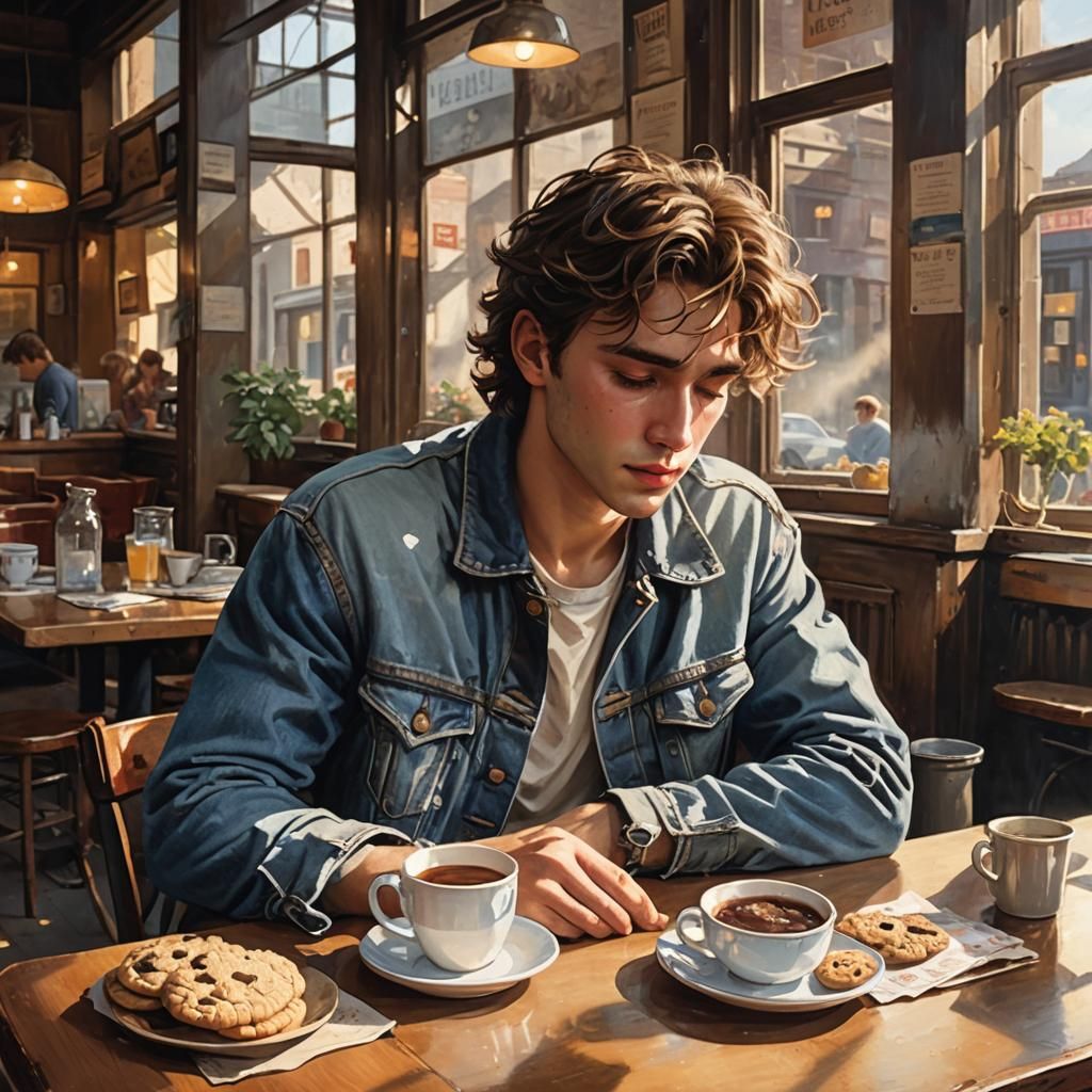 Melancholy Man at Cafe in Watercolor Style