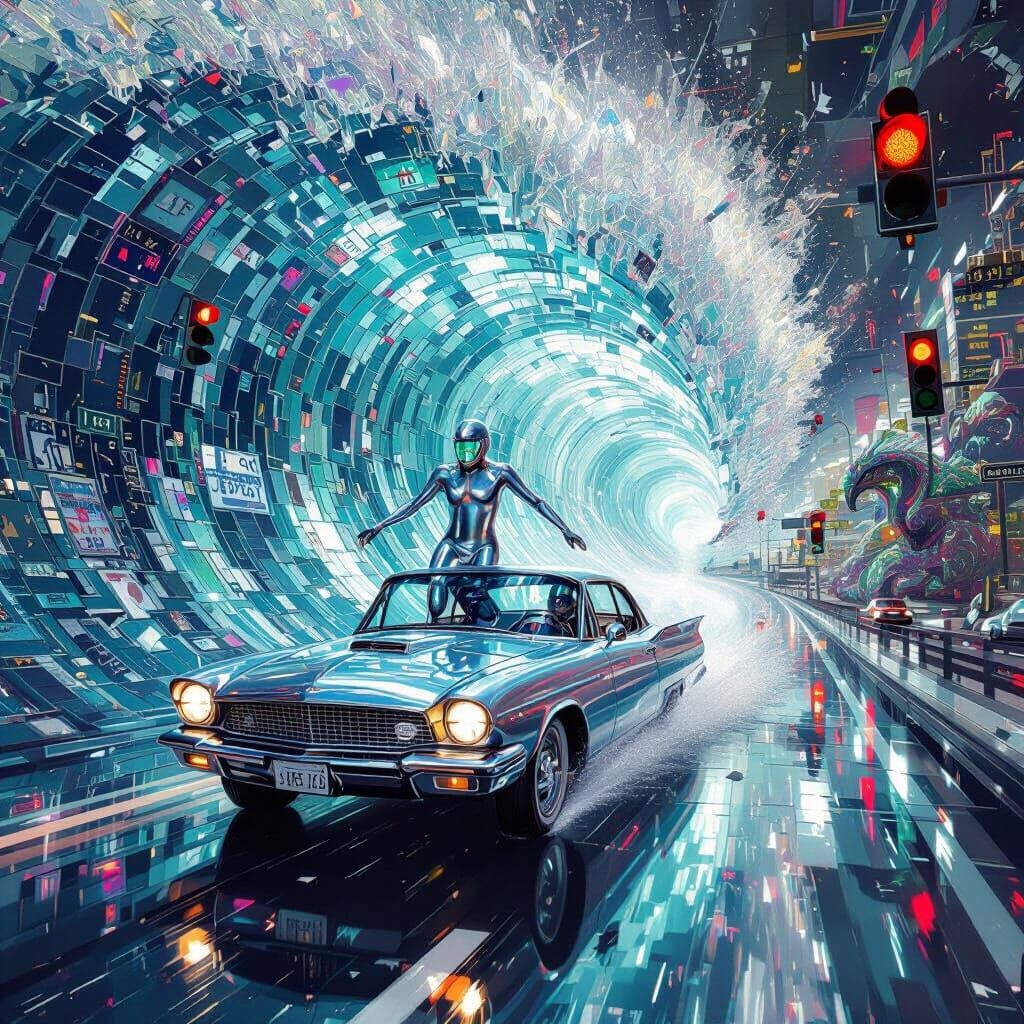 Surreal Glass Highway Surfing with Mythical Creatures