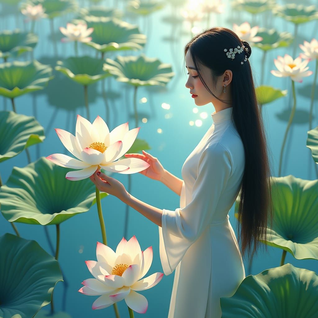 Vietnamese Girl Contemplates Lotus Pond: Fantasy Concept Art