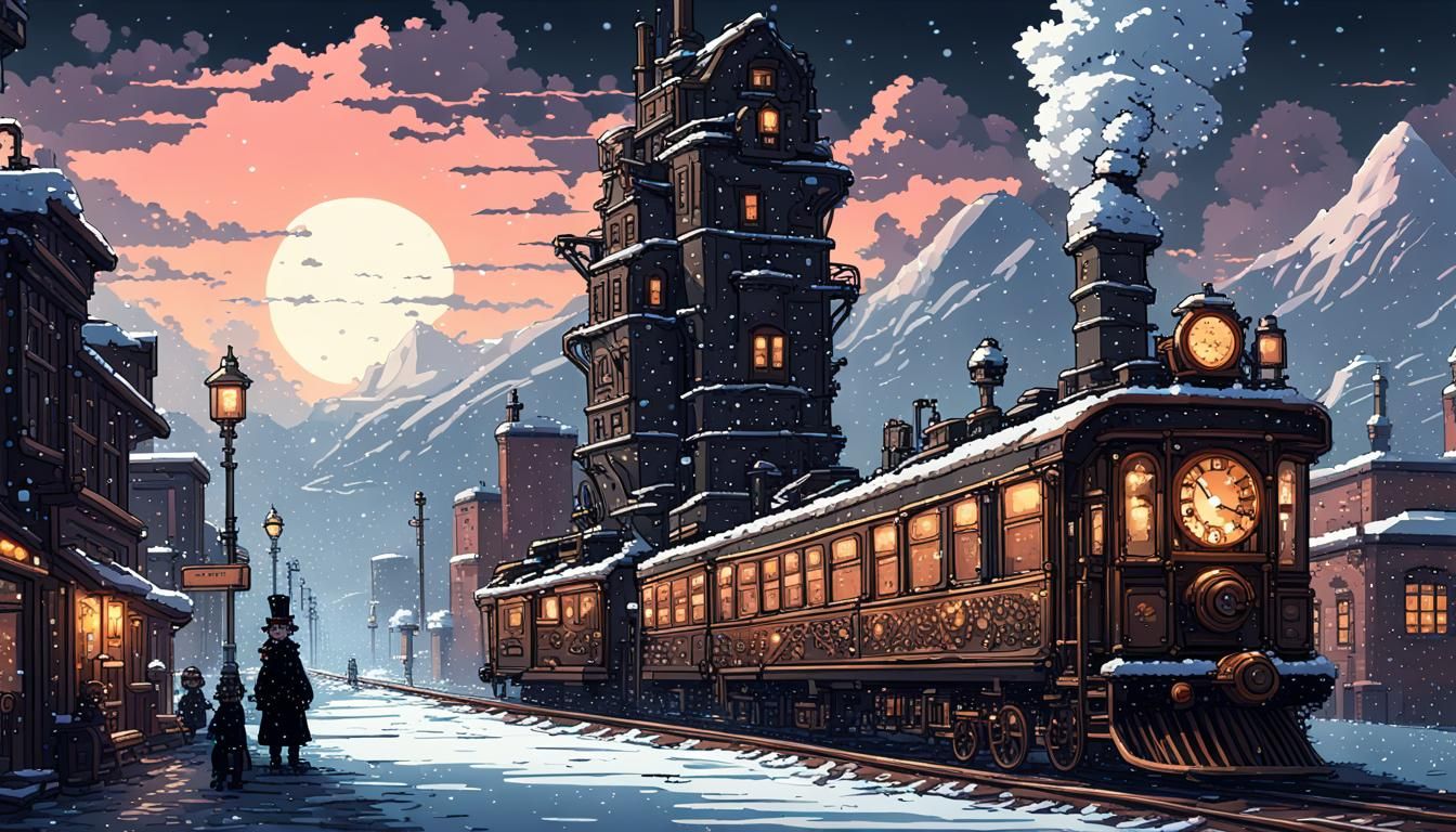Steampunk City in Winter Blizzard: 8-bit Pixel Art