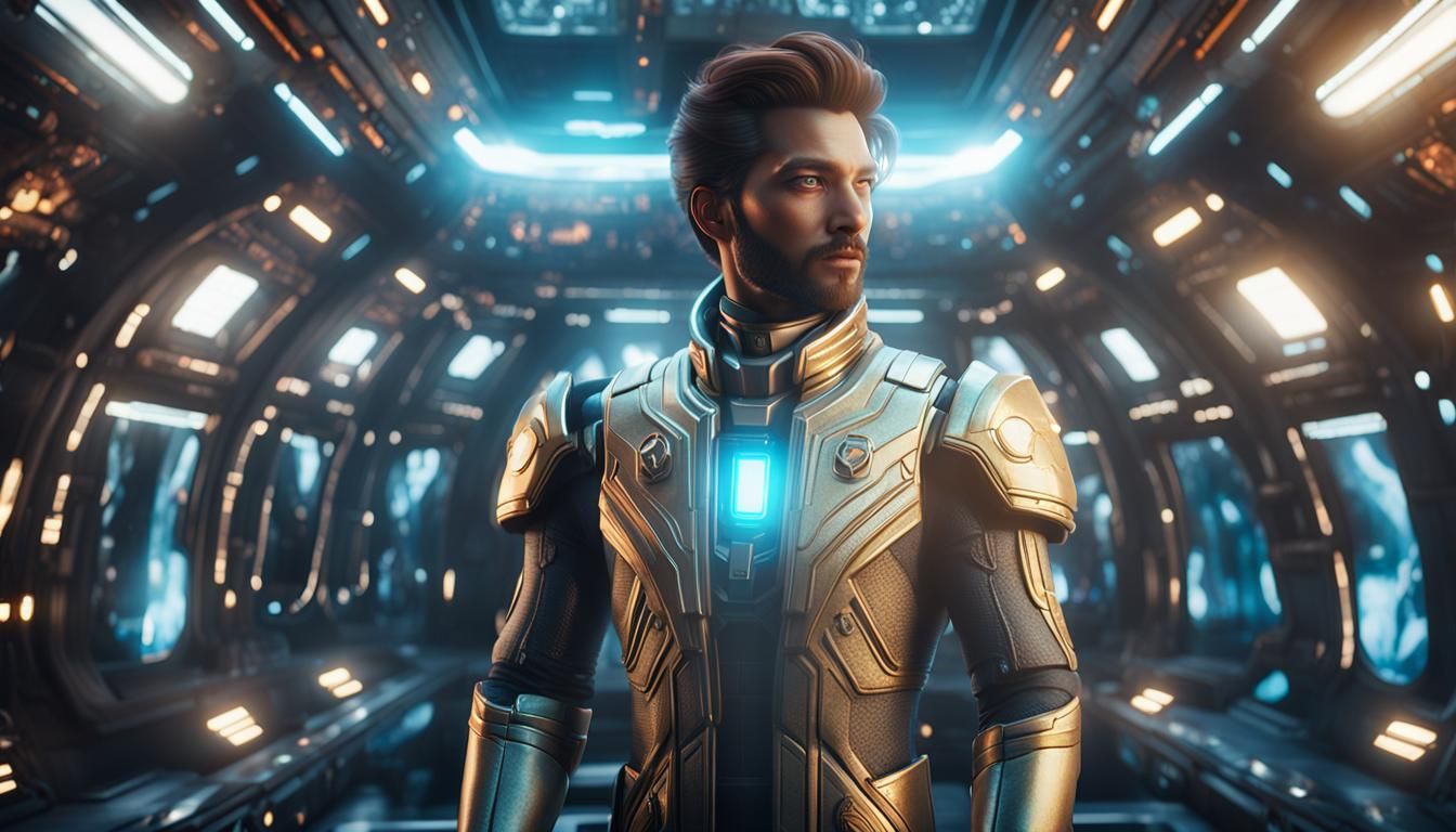 Glamorous Cosmic Men in Spaceship, Digital Art