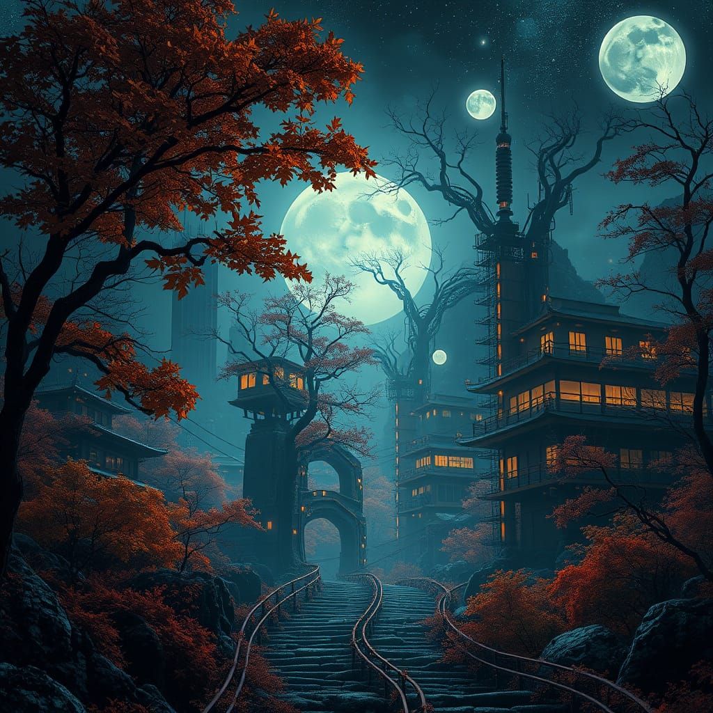 Dreamlike Night in Futuristic Japanese Landscape