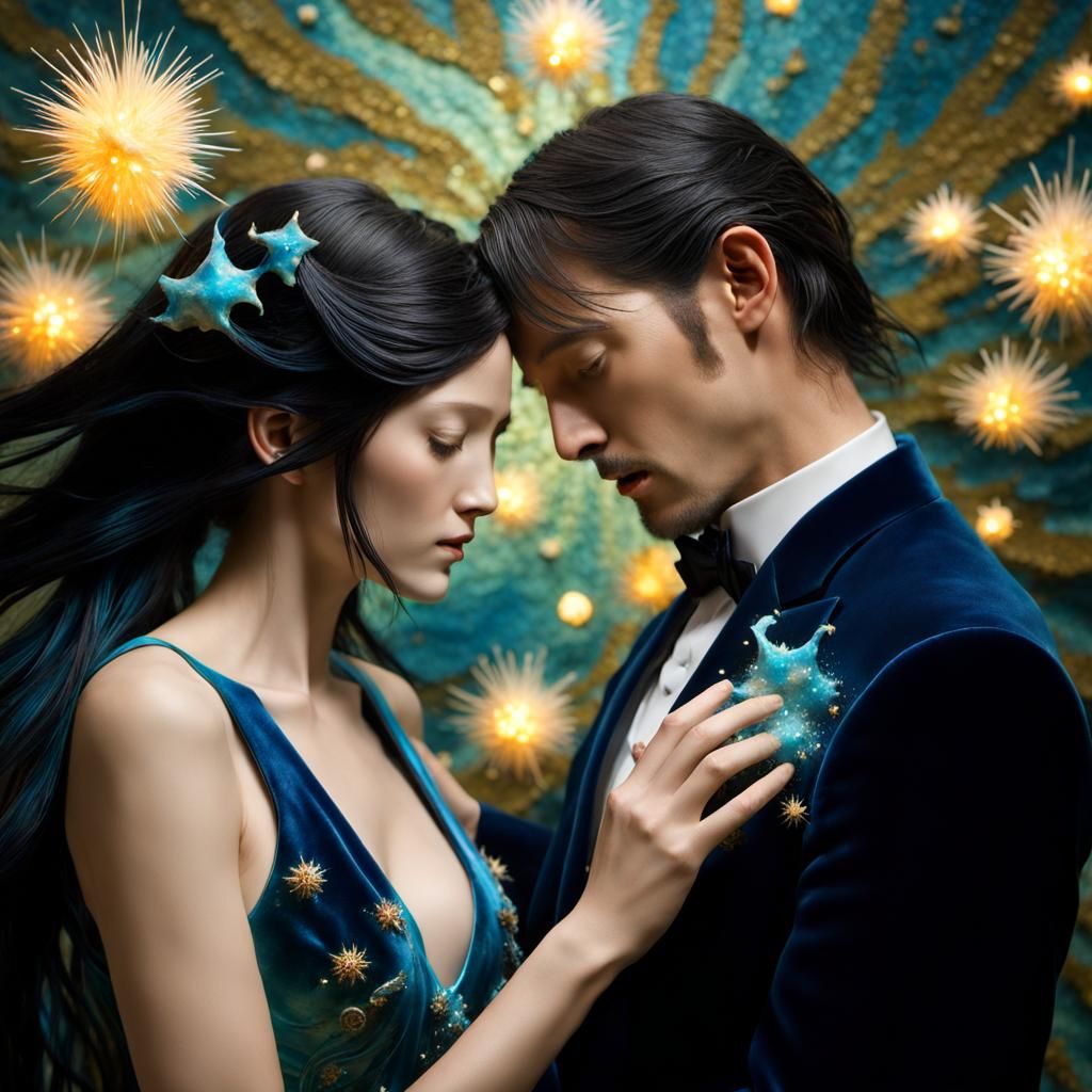 Surreal Lovers in Exploding Bioluminescent Velvet Sculpture