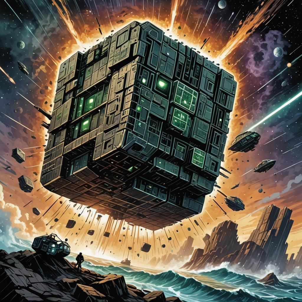 Borg Cube Battles USS Voyager: Comic Book Art