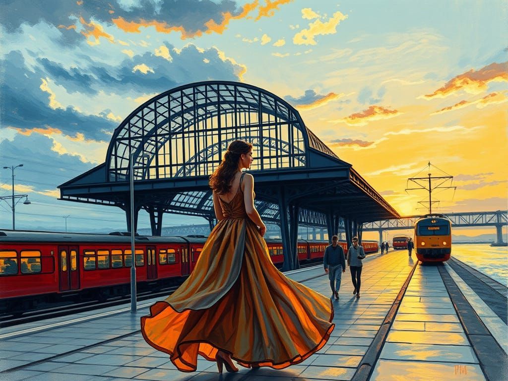 Elegant Woman on Train Platform in Impressionistic Style