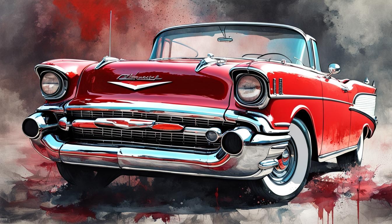 Red 1957 Chevy Convertible in Watercolor Style