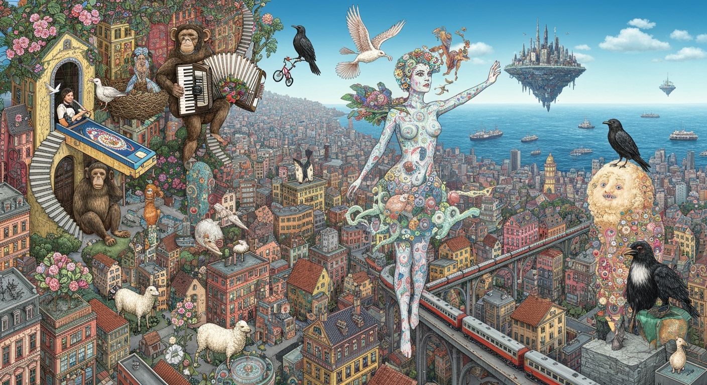 Bioluminescent Figure Soaring Over City in Surreal Utopia