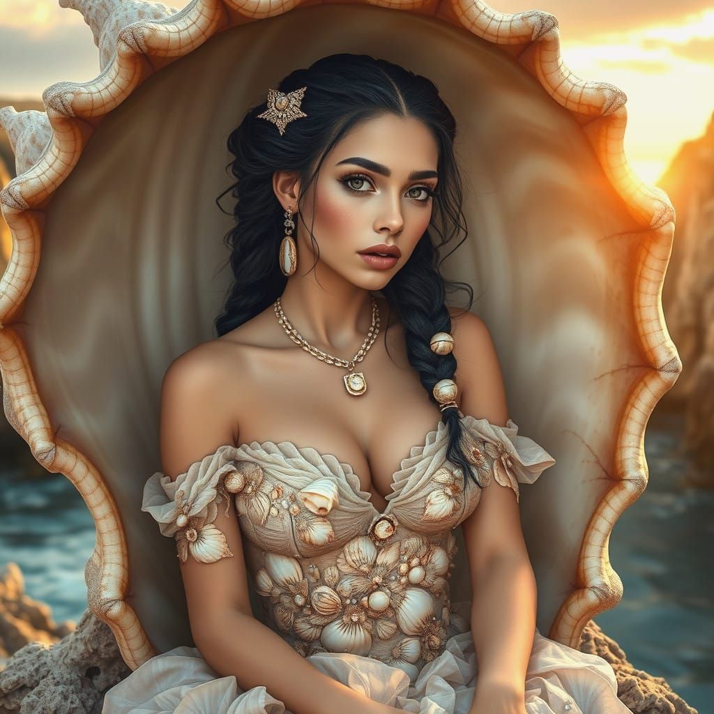 Surreal Fantasy Portrait of a Shell-Bedizened Woman in Anime...