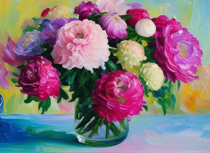 Pink Flower Bouquets in Expressionist Oil Painting
