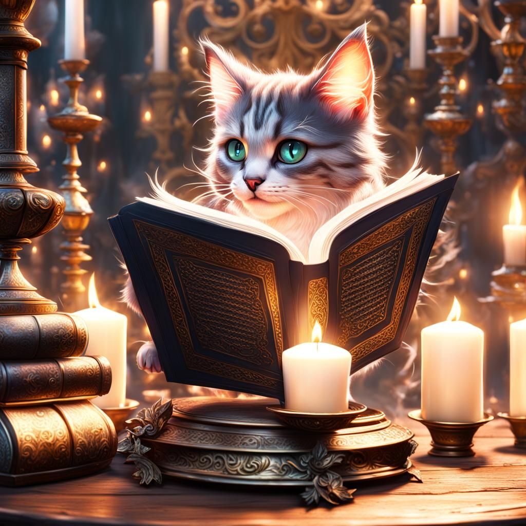 Kitten Reads by Candlelight: Detailed Fantasy Art
