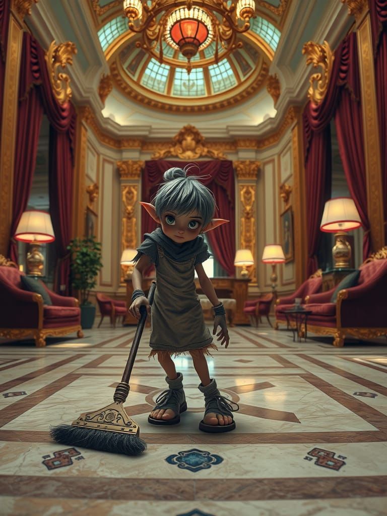 House Elf Cleaning Opulent Mansion in Ornate Style