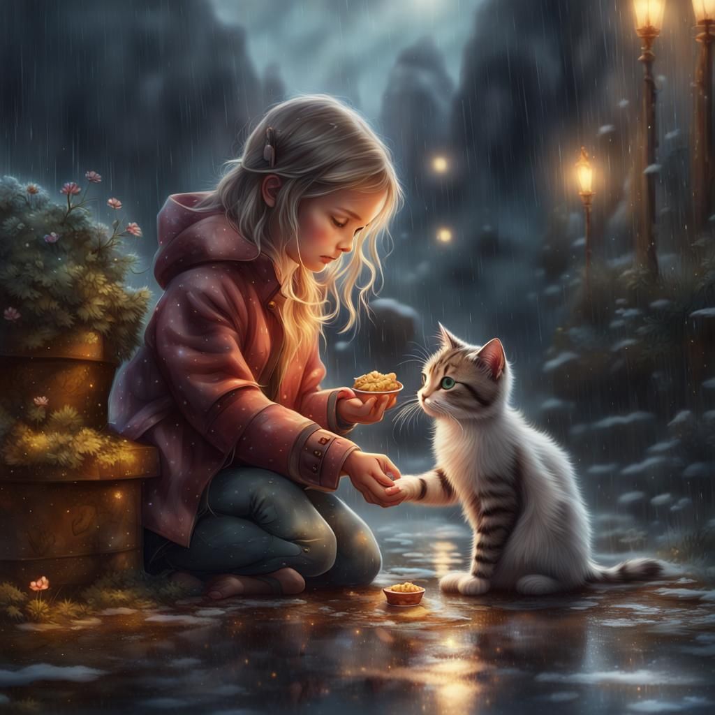Girl Helping Cat on Rainy Day: Fantasy Art