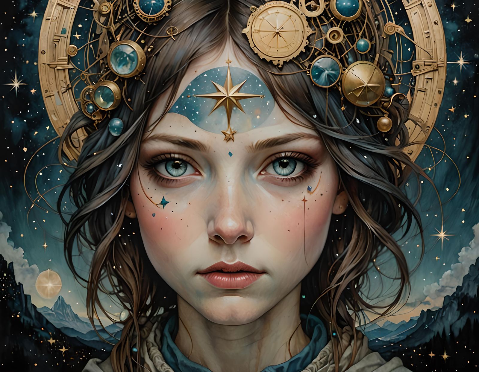 Starry Night Landscape Painting in Romantic Realism