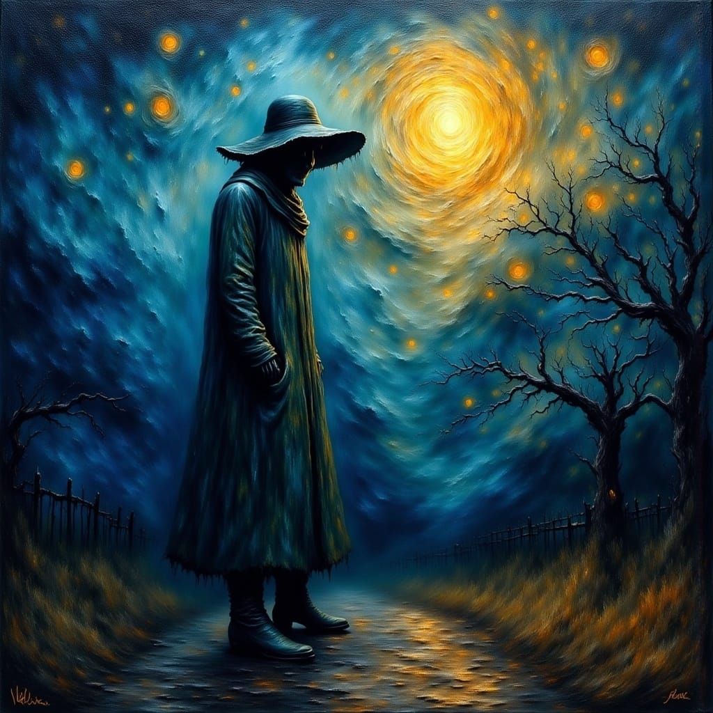 Sorrowful Figure Lost in Celestial Dreamscapes