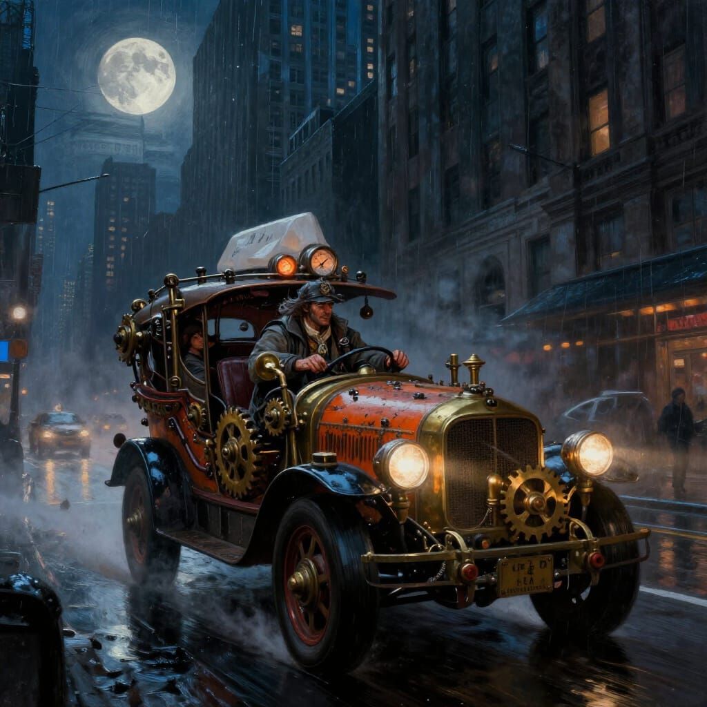 Steampunk Taxi in Moody NYC Streets Under Large Moon