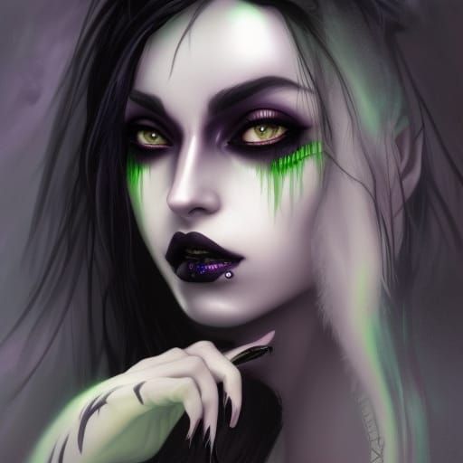 Ethereal Dark Elf with beautiful long black hair & dark purple skin& green eyes& black eyeshadow & black lipstick & goth...