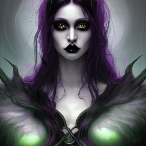 Ethereal Dark Elf with beautiful long black hair & dark purple skin& green eyes& black eyeshadow & black lipstick & goth...