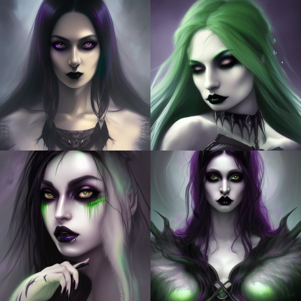 Ethereal Dark Elf with beautiful long black hair & dark purple skin& green eyes& black eyeshadow & black lipstick & goth...