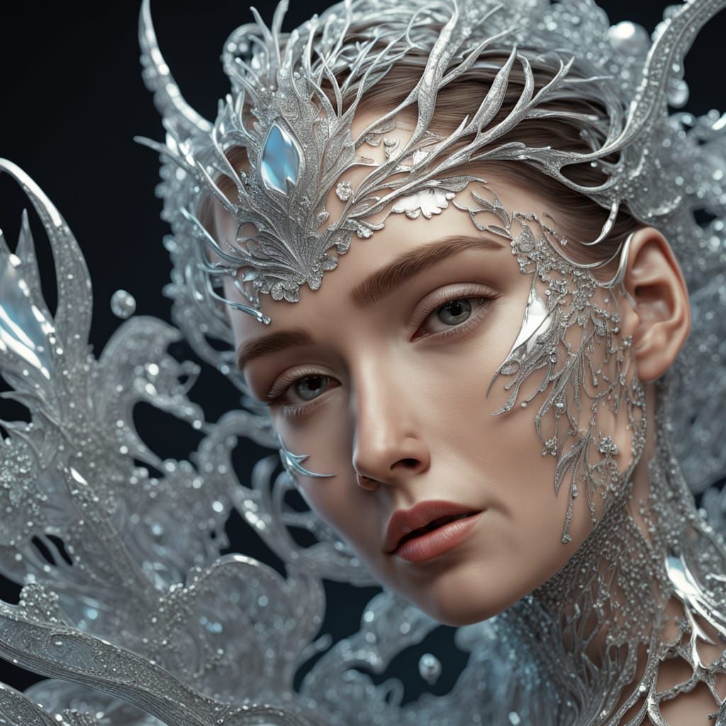 Surreal Bioluminescent Body with Silver Filigree and Cracked...