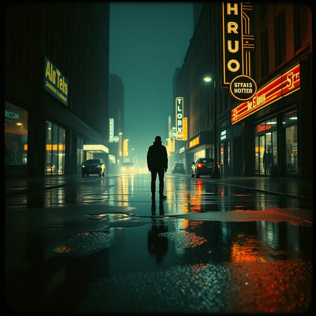 Film Noir: Lone Figure in Rain-Soaked City