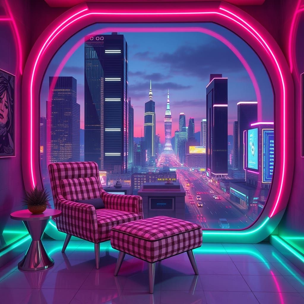 Retro-Futuristic Cityscape with Gingham Print Armchair