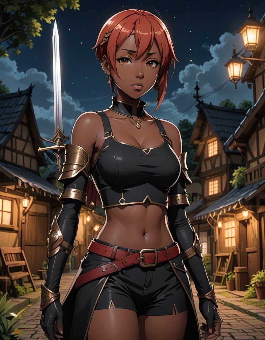 Anime-Inspired Fantasy Girl in a Fantasy Village at Night