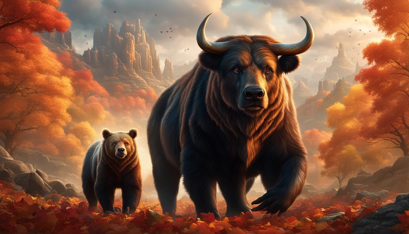 Bull and Bear in Autumn Landscape Digital Painting