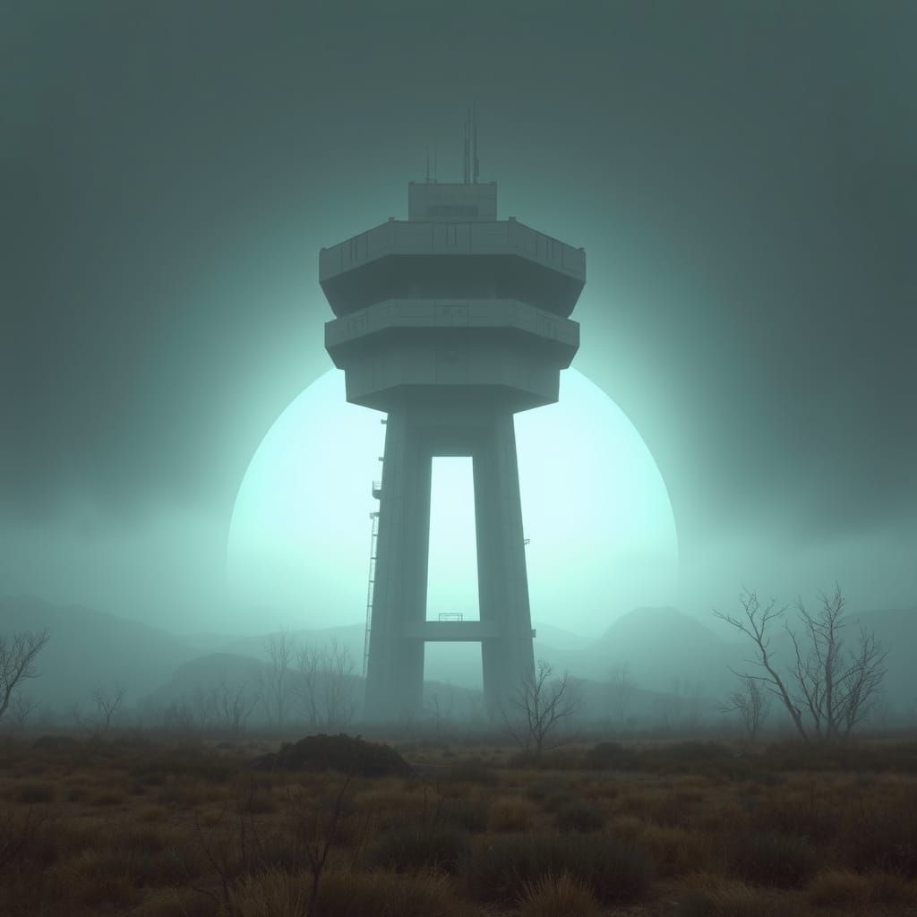 Brutalist Control Tower Behind Fake Horizon