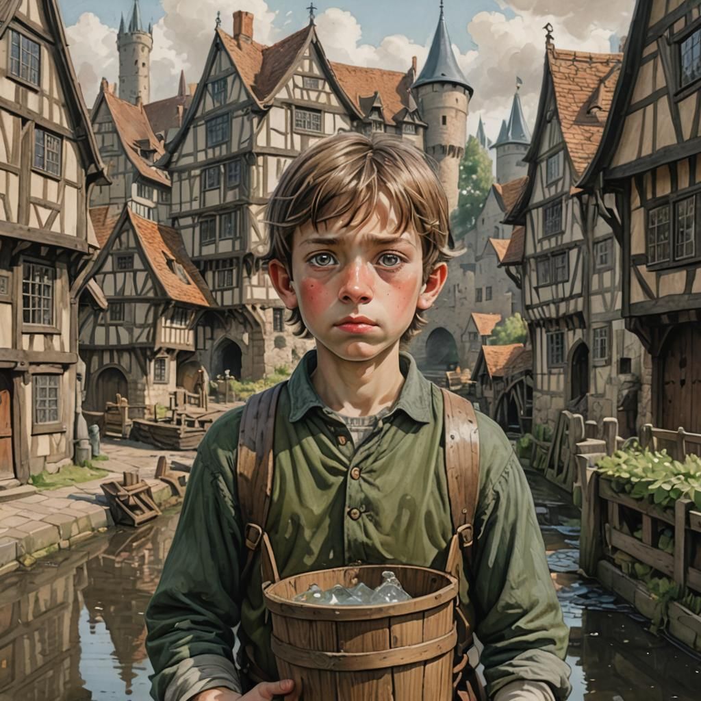 Boy Carrying Water Bucket in Medieval Village