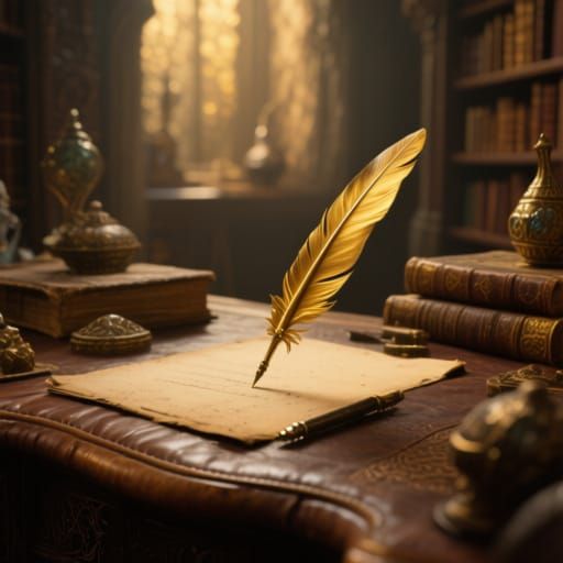 Golden Quill in Hidden Library: Hyperrealistic Fantasy