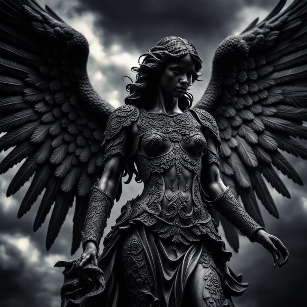 Hyperrealistic Black Angel in High Contrast
