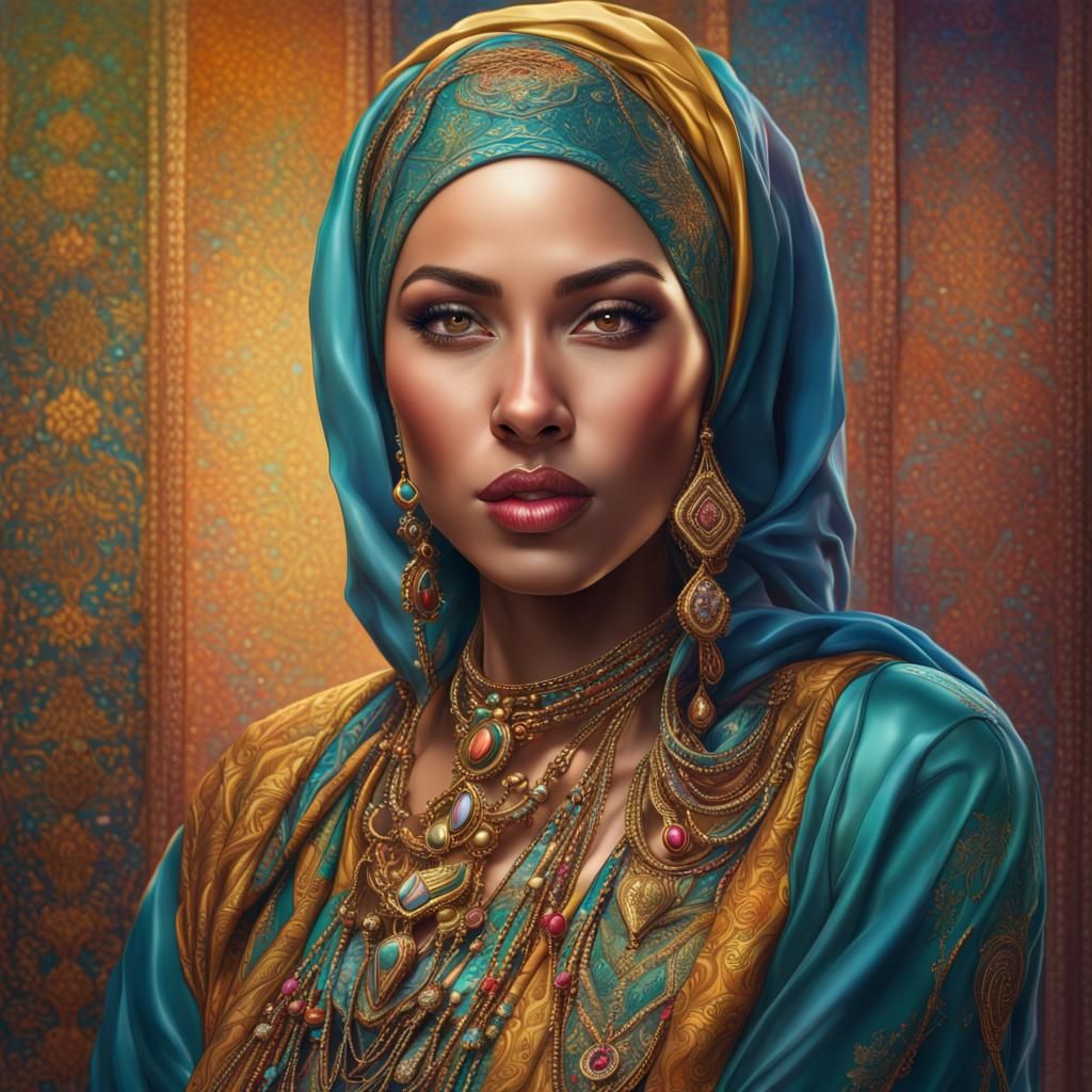 Caribbean Hijabi Woman in Hyperrealistic Oriental Portrait