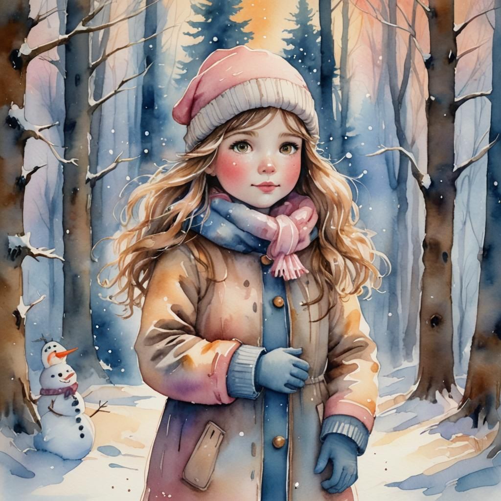 Whimsical Watercolor: Girl and Snowman in Winter Forest