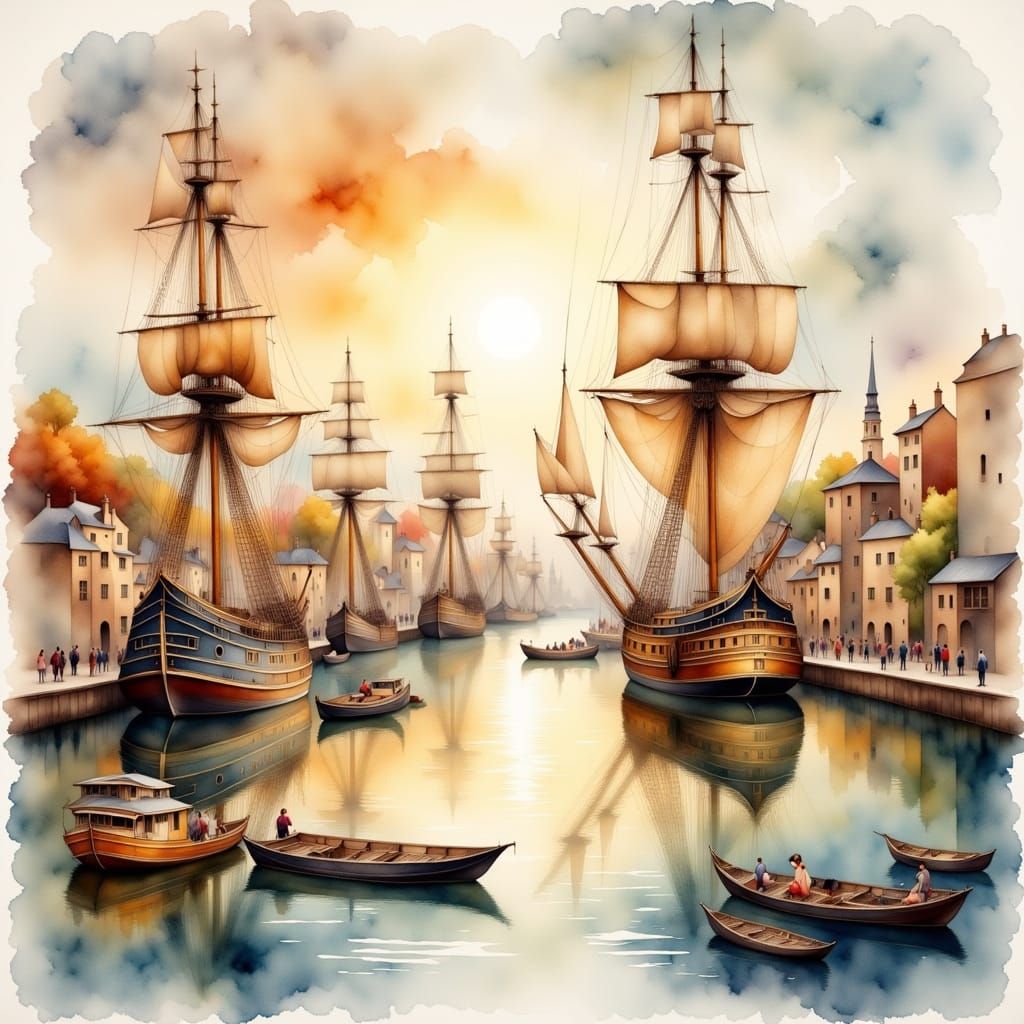 Majestic 17th Century Port Town in Warm Golden Light
