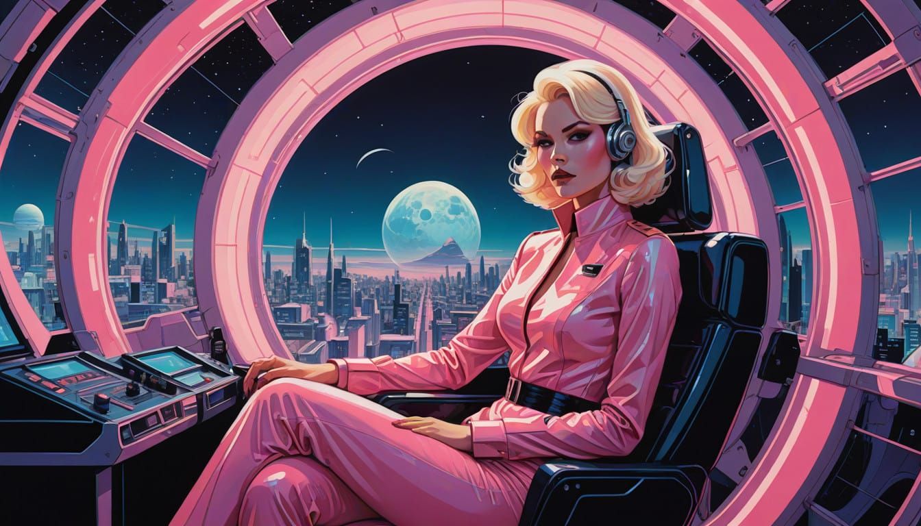 Pink Hypnosis Machine Scene with Retro-Futuristic Woman