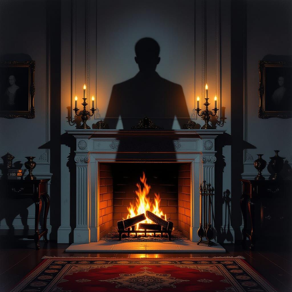 Sinister Shadow Cast by Firelight in Dark Mansion