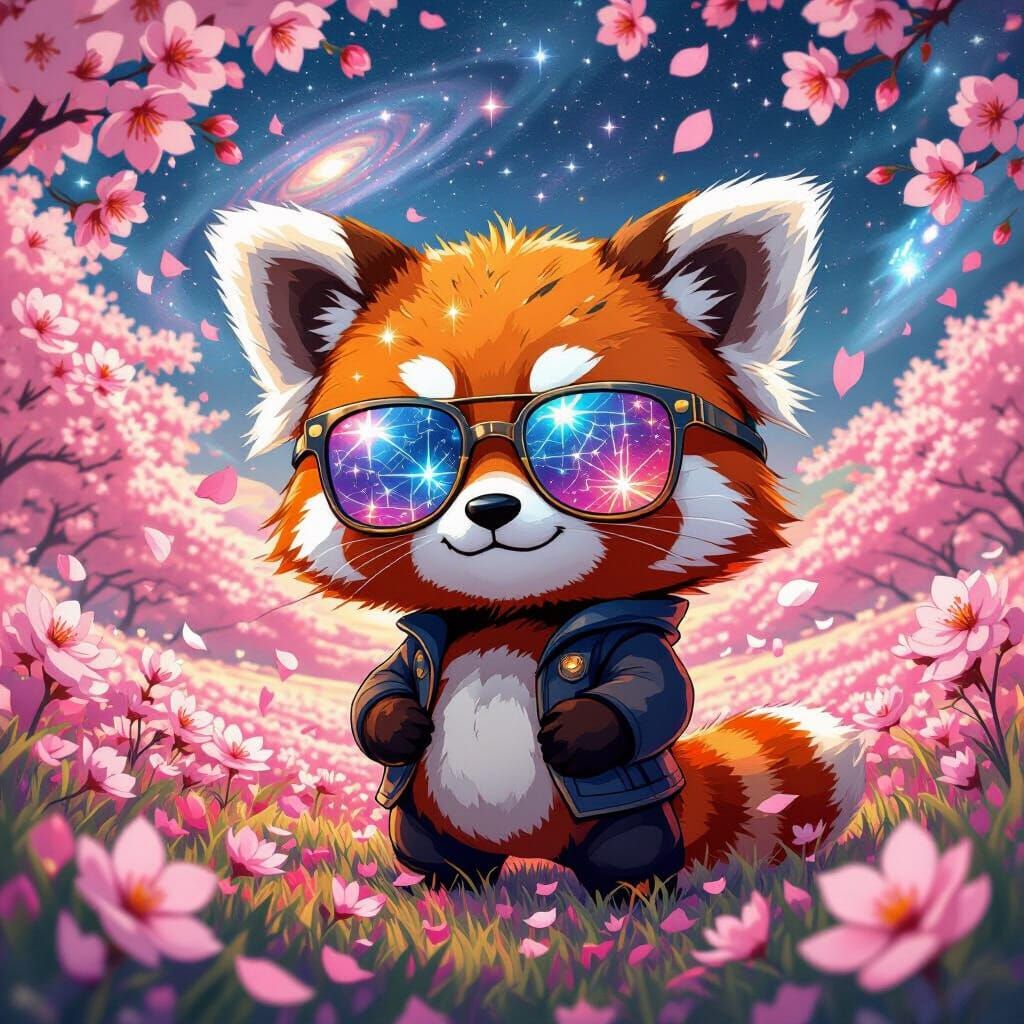 Chibi Red Panda in Cosmic Cherry Blossoms