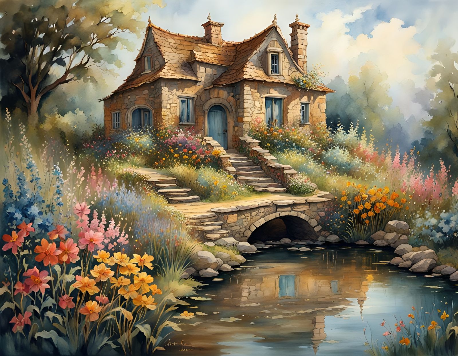 Eroding Stone House Reflected in Pond, Art Nouveau Rococo