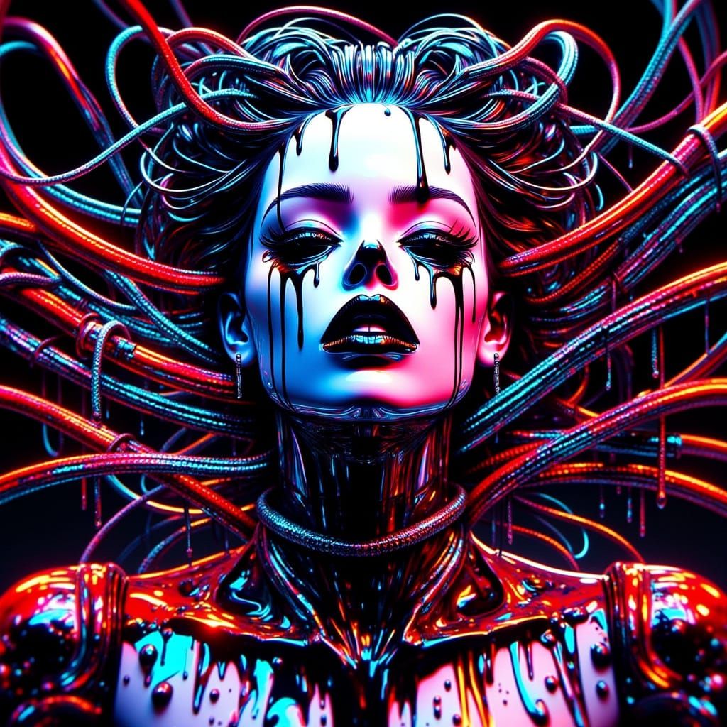 Screaming Android in Neon Cybernetic Lab