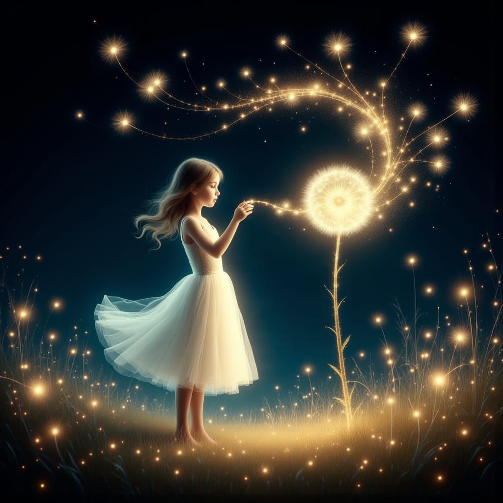 Ethereal Girl with Dandelion in Dreamy Landscape