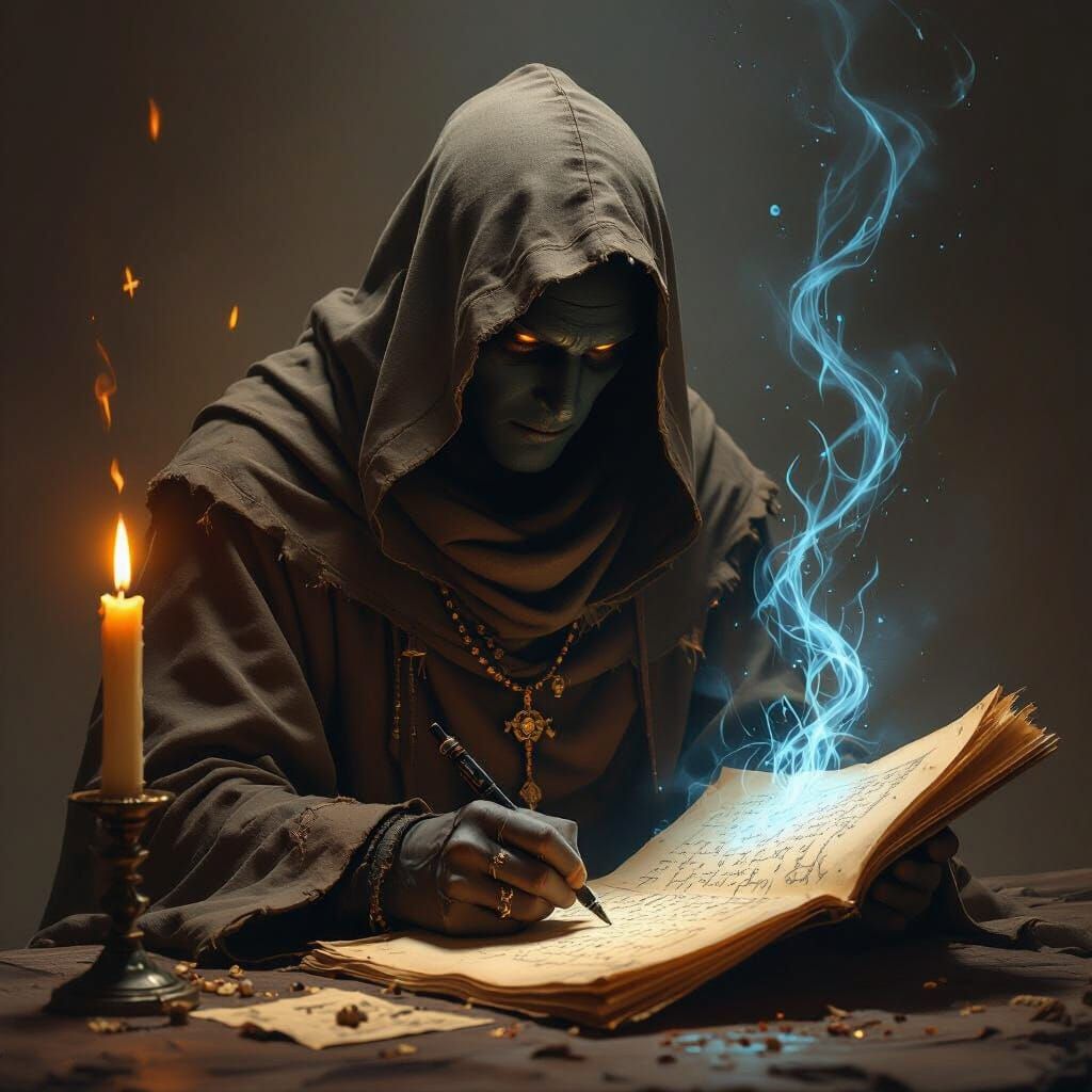 Ethereal Monk Writing by Candlelight in Beksiński Style