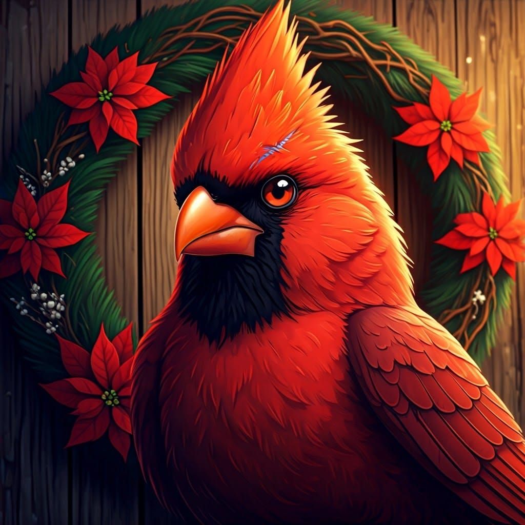 Majestic Red Cardinal Nestles in Vibrant Poinsettia Wreaths....