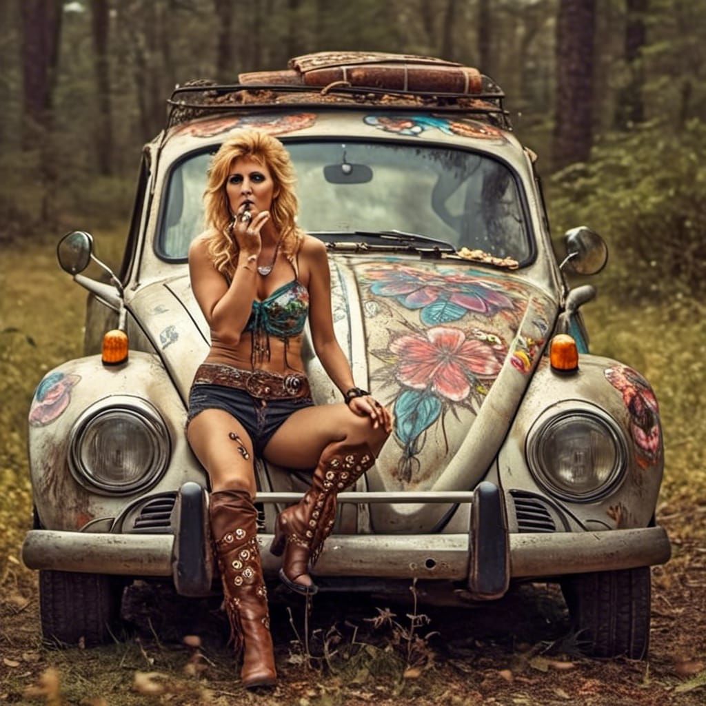 Hippie Woman with VW Bug in Photorealistic Style