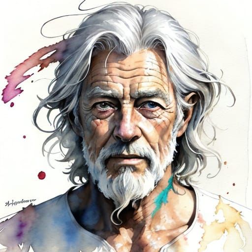 Barefoot Grey-Haired Man in Watercolor Style