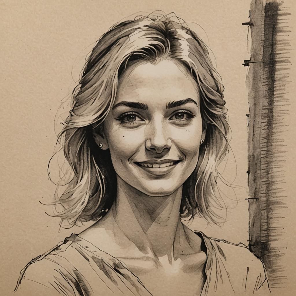 Blonde Woman Smiling: An Ink Sketch Portrait