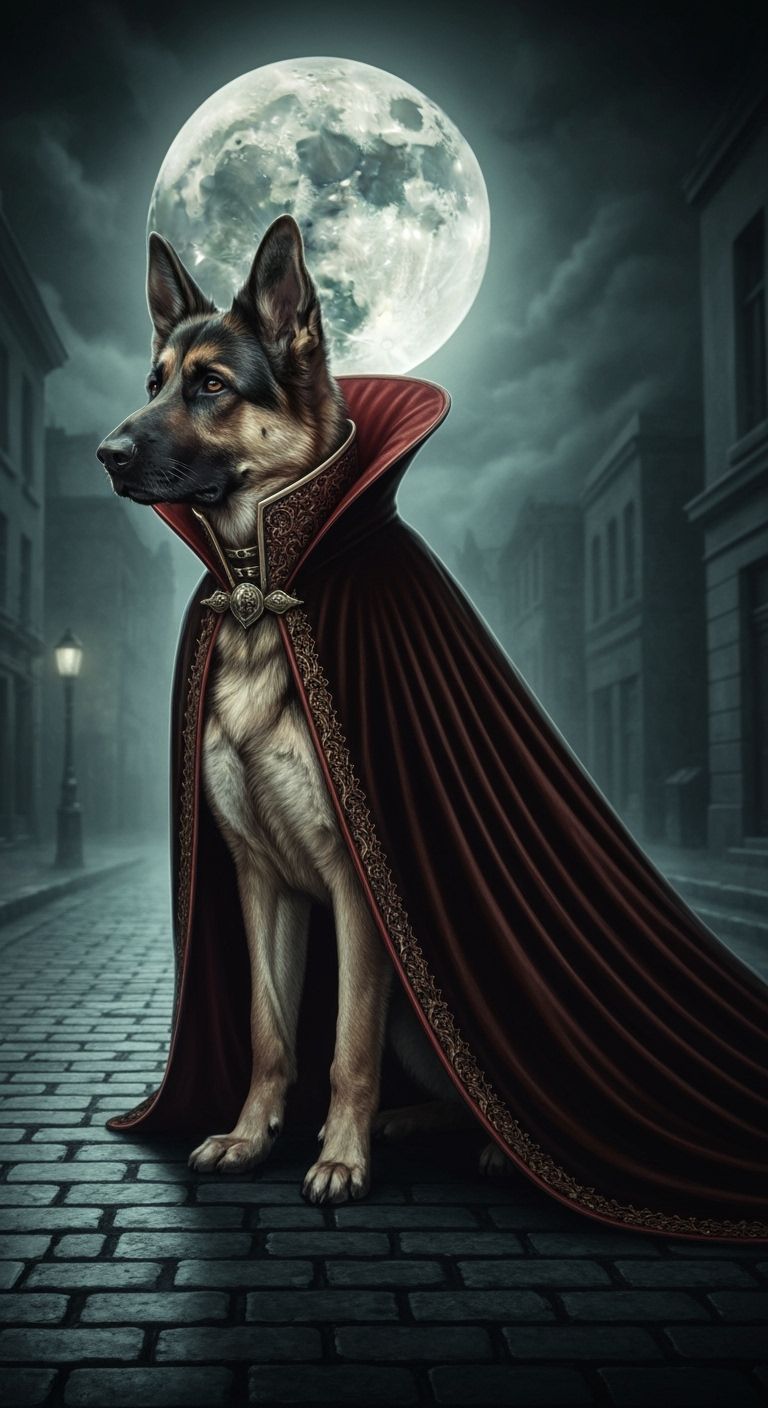 Regal German Shepherd in Vampire Cape Under Full Moon